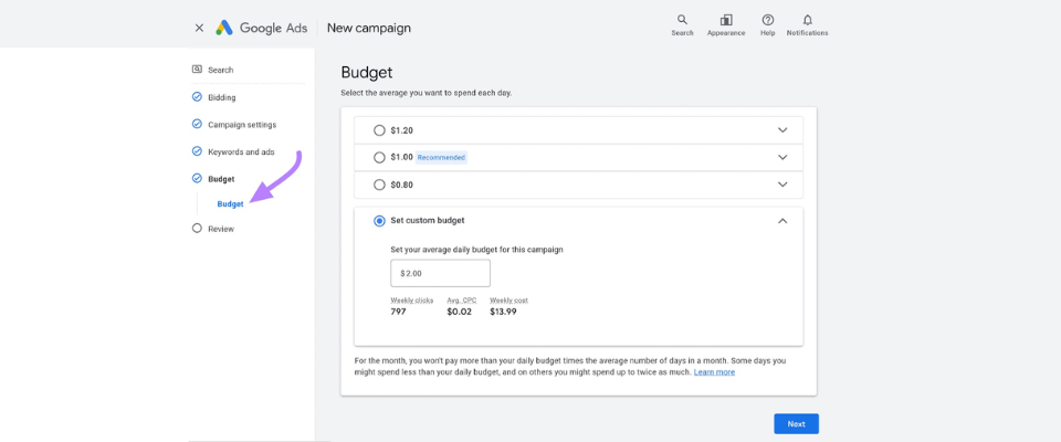 budget set google ads